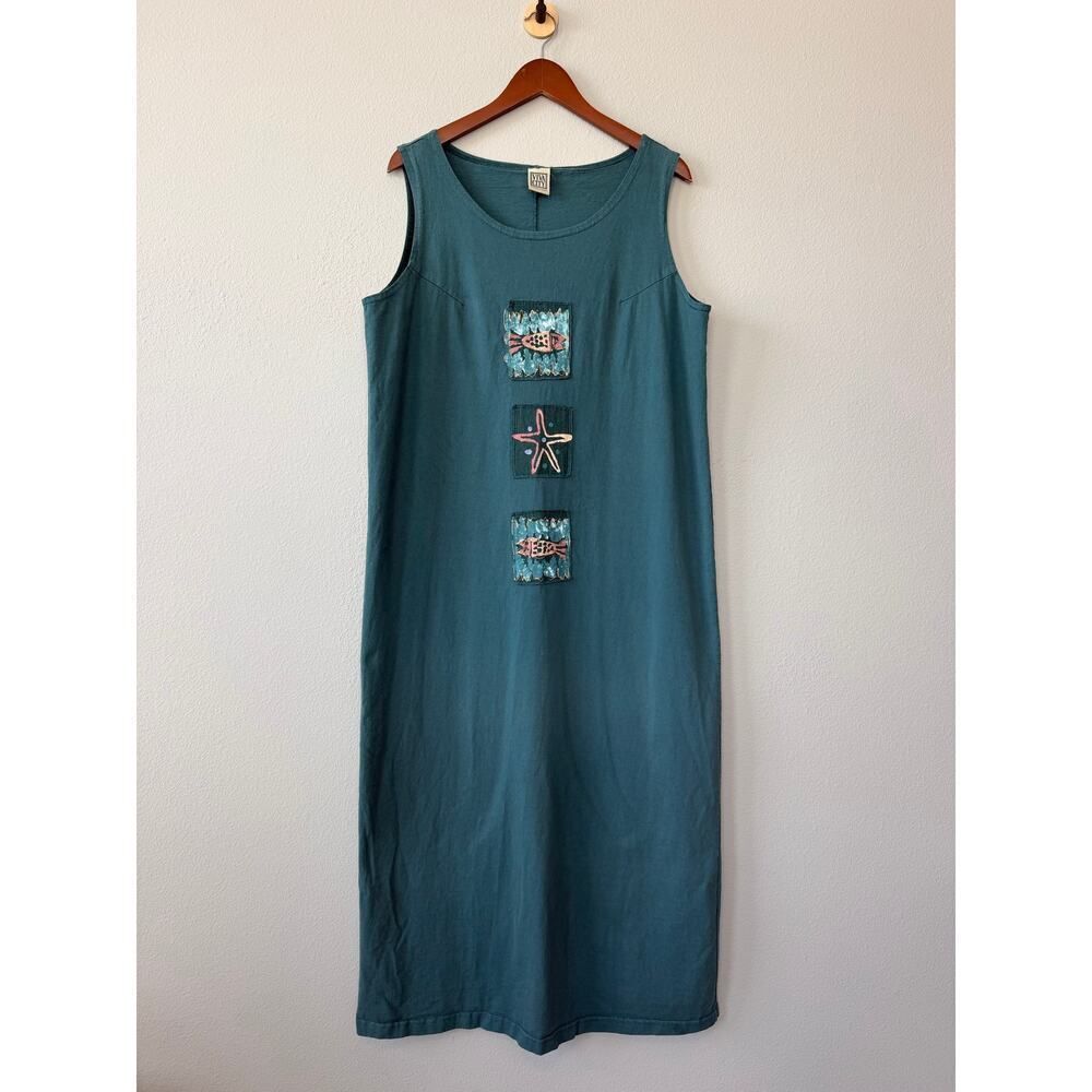 Viva City USA 100% Cotton Fish Print Sleeveless Maxi Dress L Coastal Beach Art - Picture 2 of 9
